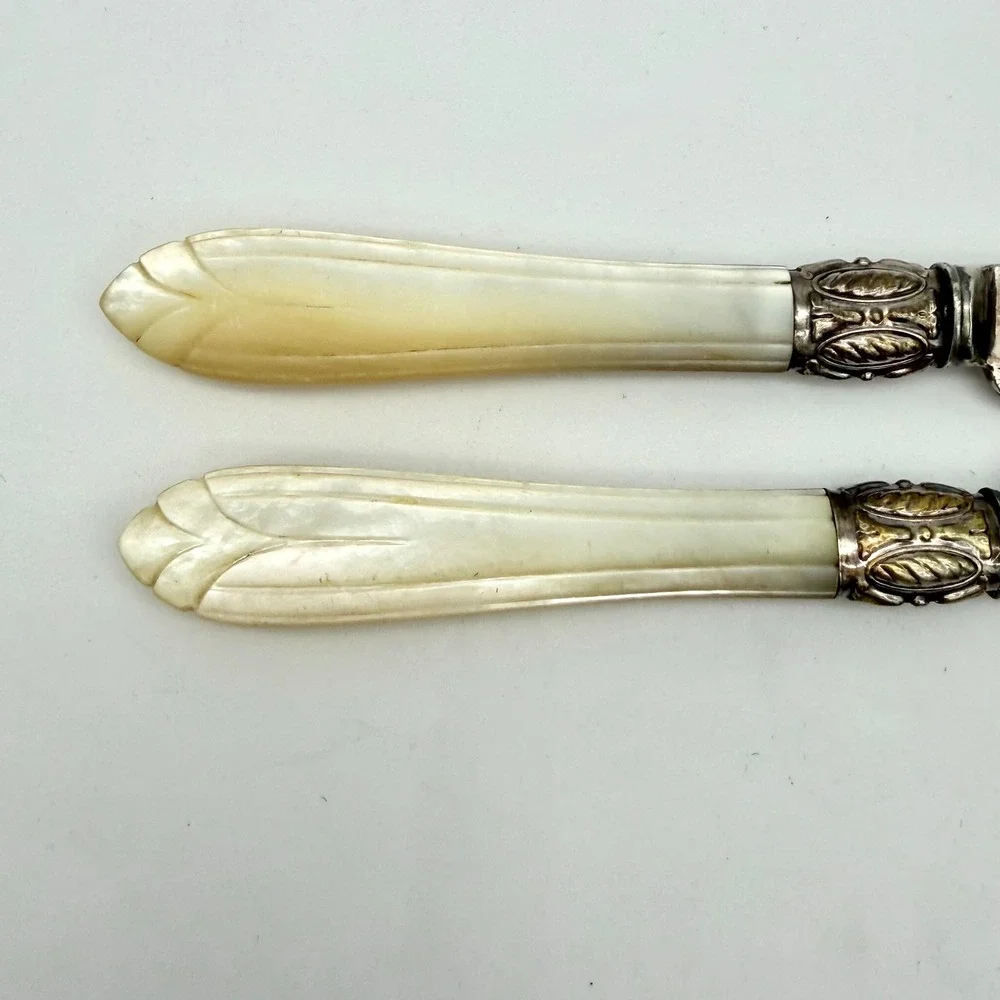 Antique Victorian Mother of Pearl Engraved Dessert Knives Set of 6 Silverplate